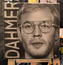 Freehand airbrush portrait of Dahmer done at this year's Locked Up Tattoo  Convention, Shrewsbury. Size is 30x30cm, done using iwata cm-b and comart  paints