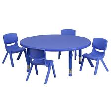45 Round Adjustable Blue Plastic Activity Table Set With 4 School Stack Chairs 10 5 Activity Table Kids Table And Chairs Flash Furniture