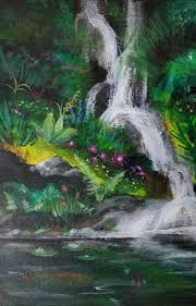 Jungle Retreat Original Acrylic Painting 11x14 Rainforest Etsy Waterfall Paintings Waterfall Art Tropical Painting
