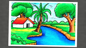 How To Draw Landscape Beautiful Village Scenery Drawing With Oil Pastel Drawing Nature Learn how to draw village scenery pictures using these outlines or print just for coloring.