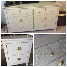 Ikea Hemnes Hack Embossed Wallpaper Added To Drawer Fronts Valspar 6004 1b Soulful Grey Hemnes Drawers Ikea Hemnes Ikea Drawers