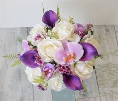 Boho Natural Touch Bouquet Of Purple Callas Orchids And Off White Roses Violet Filler Sprays Purple Wedding Flowers Prom Flowers Bouquet Silk Flowers Wedding
