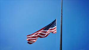 The lowered position, half the height of a mast, at which a flag is flown when mourning, especially expressing respect for the dead. The President Orders Flags To Half Staff In Response To The Mass Shooting In Indianapolis