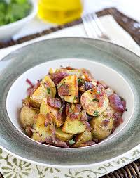 Warm Roasted Baby Potato Salad With Crispy Bacon Caramelized Red Onions And Warm Bacon Vi Potatoe Salad Recipe Roasted Potato Salads Potato Salad Recipe Easy