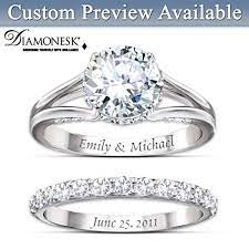 Diamonesk Bridal Ring Set With Engraved Names And Date Diamond Bridal Ring Sets Personalized Engagement Rings Bridal Ring Sets