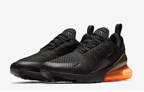 Nike Air Max 270 Black Black Total Orange Mesh Upper Heel Pull Tab Visible 270 Degree Air Sole Unit Rubber Outsole Nike Air Max Mens Nike Air Air Max 270