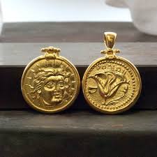Ancient Greek Gold Coin Replica Pendant Sun And Light God Etsy Ancient Greek Gold Greek Coin Pendant Gold Coins