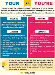 Your is possessive, showing something that belongs to the person you are speaking to. Your Vs You Re When To Use Your And You Re With Useful Examples 7esl