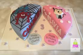 Split Birthday Cake For Brother And Sister Split Cake Perfect For Twins Twin Birthday Cakes Cool Cake Designs Childrens Birthday Cakes