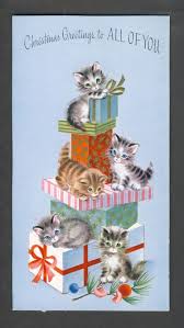 Vtg Unused Embossed Christmas Card Rust Craft Tri Fold Kittens Marjorie Cooper Vintage Christmas Cards Vintage Christmas Vintage Holiday Cards