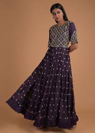 Pair it with fancy accessories to make your look more. Buy Eggplant Purple Anarkali Suit With Pleated Frill On The Hem And Floral Embroidery Online Kalki Fashion