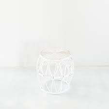 Lined with woven wicker and founded on a sturdy iron frame, this outdoor dining table strikes a curvaceous silhouette with a rectangular tabletop, bowed. White Wicker Side Table The One Day House Wedding Event Hire