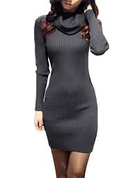 Women Cowl Neck Knit Stretchable Elasticity Long Sleeve Slim Fit Sweater Dress Dark Grey C211hu8luht Slim Fit Sweater Fit Sweater Dress Sweater Dress