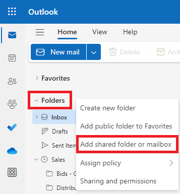 Adding shared mailbox via left folder context menu, AI generated