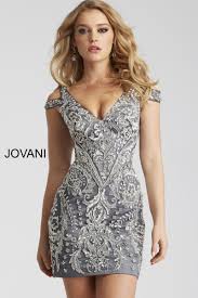 Gunmetal Fitted Embellished V Neck Short Dress Jovani 54546 At One Enchanted Evening Prom Dresses Short Short Fitted Dress Short Semi Formal Dresses