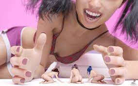Shrunken woman giantess