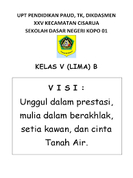 Visi unggul dalam prestasi, berkarakter, berbudaya, peduli lingkungan, berwawasan global yang dilandasi iman dan takwa. Visi Misi Kelas