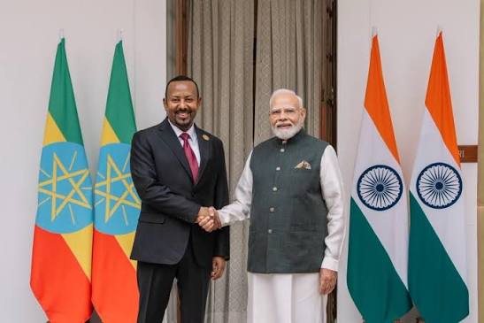 PM @narendramodi met Prime Minister Dr. Abiy Ahmed Ali, on the sidelines of the  18th BRICS Summit in New Delhi. Both leaders discussed avenues to further  strengthen the India-Ethiopia Strategic Partnership across