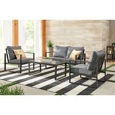Hampton Bay Barclay Black 4 Piece Steel Outdoor Patio Conversation Set With Grey Cushions De20050 051 052 The Home Depot Conversation Set Patio Black Patio Furniture Patio Seating Sets