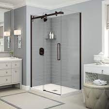 Maax Utile Metro 32 In X 48 In X 83 5 In Center Drain Corner Shower Kit In Ash Grey With Dark Bronze Shower Door 106329 000 001 100 The Home Depot Corner Shower Kits Corner Shower Shower Doors