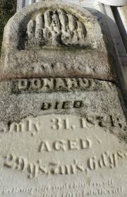 Stones at Bellar Eden Lutheran Cemetery. Julia M Wyman, Patrick Donahue,  and Wiley Irwin. A child's stone top in pieces and a foot stone with __.M.W.