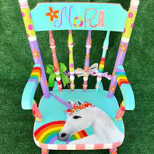 unicorn rocking chair magical original unicorn kid s chair for girls rocking chair toddler furniture child s rocker with unicorn birthday in 2021 painted kids chairs girls rocking chair kids chairs