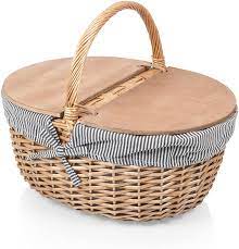 Various straw and willow handbasket with food and beverage for eating outside concept. Amazon Com Picnic Time Country Picnic Basket With Liner Navy White Stripe One Size Garden Outdoor