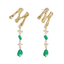 Gold Bamboo Initial M Letter Earrings Handmade Natrual Green Stone And Shell Long Drop Earrings Jewelry Buy Long Tassel Earrings Name Earrings Natural Stone Earrings Product On Alibaba Com