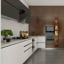 Black And White Combination Modular Kitchen Black And White Modular Kitchen With A Wooden Accent Wall For Built In Appliances The Back Spl Accent Wall In Kitchen Interior Design Kitchen Kitchen Interior