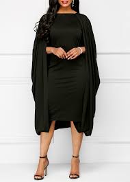 Solid Black Round Neck Cape Sheath Dress Black Dresses Online Round Neck Blouses Fashion