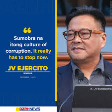 Nanawagan si Senator JV Ejercito na kailangan nang matigil ang korapsyon sa  bansa. Aniya, sumusobra na ang 'culture of corruption' kasabay ng  sunod-sunod na isyung kinakaharap ng gobyerno ngayon.