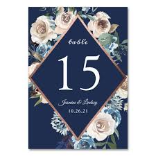 Whimsical Floral Navy Blue Rose Gold Wedding Table Number Zazzle Com Card Table Wedding Rose Gold Wedding Table Gold Table Numbers Wedding