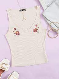 New listingfree people primrose black shirt top high neck floral embroidered knit s euc. Floral Embroidery Rib Knit Tank Top Shein Eur
