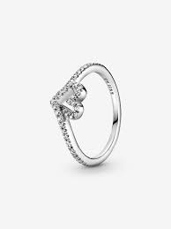 Heart and wishbone sterling silver ring with clear cubic zirconia