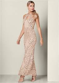 Sequin Detail Long Dress High Heel Strappy Sandal Rhinestone Hoop Earrings Venus Dresses Formal Dresses