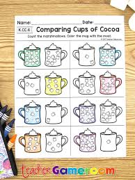 Comparing Cups Of Cocoa Math Worksheets Comparing Numbers K Cc 6 Math Worksheets Christmas Math Activities Kindergarten Comparing Numbers