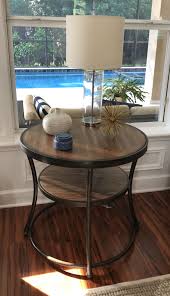 I Love This Round End Table Modern Rustic Mix With Wood And Metal Combination Can Go With Any Home Decor End Table Rustic Side Table Home Decor Side Table