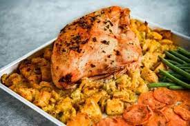 One Pan Turkey Dinner Thanksgiving For Two Recipe In 2021 Turkey Dinner Thanksgiving Recipes Easy Chicken Dinner Recipes