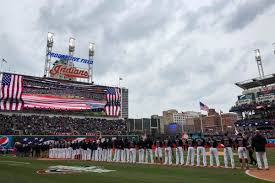 Cleveland Indians Stand For The National Anthem Before The Home Opener The Indians Also Took A Cleveland Indians United States Armed Forces Happy Memorial Day
