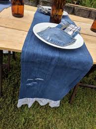 Denim Lace Table Runner Distressed Jean Wedding Decor Denim Runner Shabby Chic Decor Denim Wedding Decor Country Wedding Decor In 2020 Denim Table Runner Denim Table Decor Blue Jeans Crafts