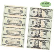 Twenty dollar bills with brown seal and serial numbers; Most Realistic Prop Money Movie Money Play Money Fake Dollar 20 Bill