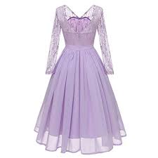 Deatu Womens Princess Dresses Clearance Ladies Autumn Long Sleeves Small Fresh Floral Lace Chiffon Party Dress Purple S