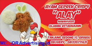 Pemasaran untuk usaha ayam geprek ini daat dikerjakan dengan mudah yaitu memsang spanduk unik dengan disertai gambar di depan lokasi usaha ayam ayam geprek jabrik design material. Gambar Banner Ayam Geprek