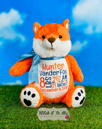 Birth Announcement Stuffed Animal Fox Personalized Stuffed Fox Stuffed Fox Newborn Gift Fox Birth Announcement In 2020 Newborn Gifts Vinyl Designs Custom Embroidery