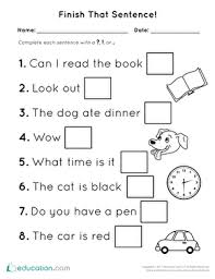 Preschool Reading Writing Worksheets Finish That Sentence Punctuation Punctuation Worksheets Punctuation Activities Grammar For Kids