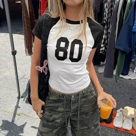 Women Number Baby Tees Short Sleeve Jersey Crop Top Slim Fit Crewneck Shirt Y2k Graphic T-Shirt Vintage Summer Top(Black,S) at Amazon Women's Clothing store