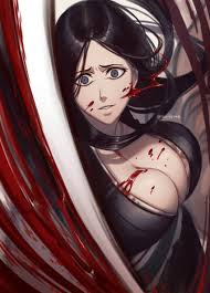black kimono, blood on breasts, blue eyes, long hair, breasts - Anime R34