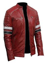 Mens Red Retro Biker Leather Stripe Jacket At Amazon Men S Clothing Store Striped Leather Jacket Leather Jacket Style Leather Jacket