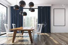 Shop for white curtains dining room at bed bath & beyond. White Dining Room Interior With A Large Window With Blue Curtains On It A Long Wooden Table And White Chairs A Framed Poster 3d Rendering Mock Up Stock Photo Picture And Royalty