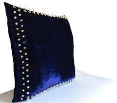 The pillows have gray silk backs. Shop Online For Handmade Navy Blue Velvet Throw Pillow With Studs Amore Beaute